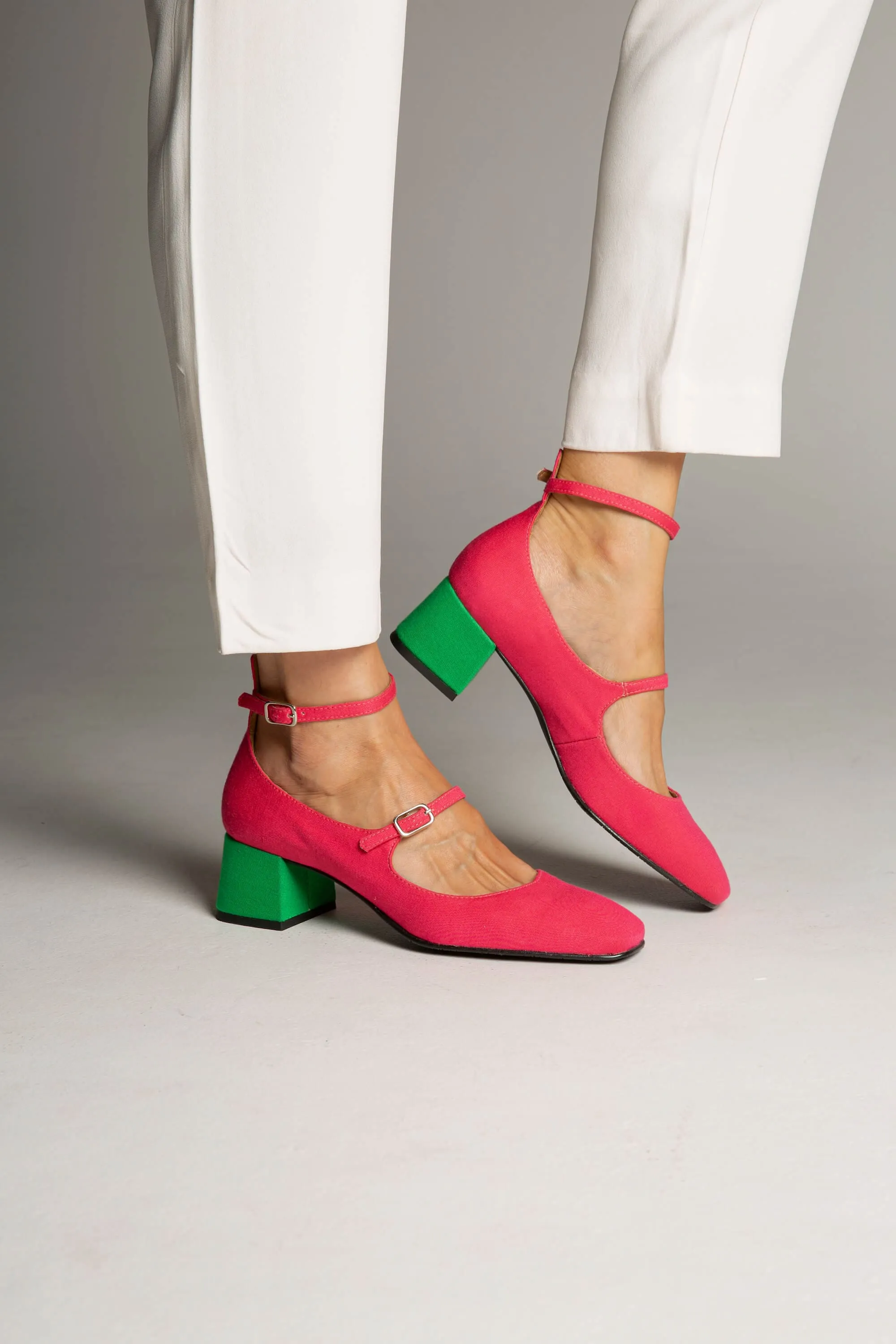 Bamboo Vegan Suede Mid Heeled Pumps | Pink & Green