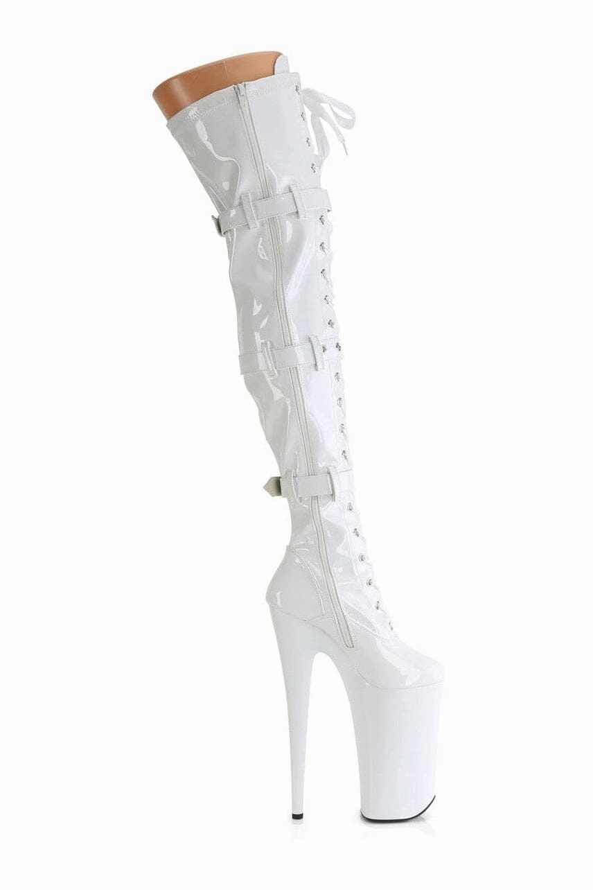 BEYOND-3028 White Patent Thigh Boot