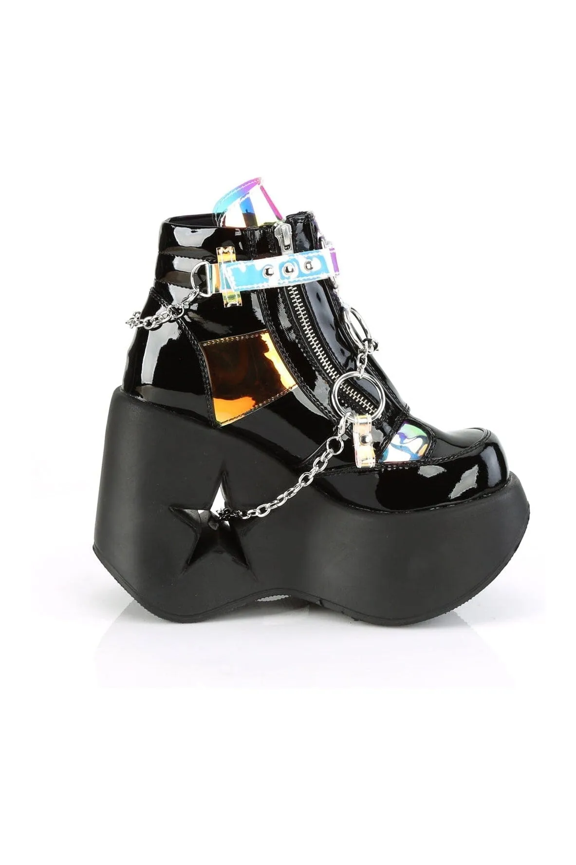 DYNAMITE-101 Black Hologram Patent Ankle Boot