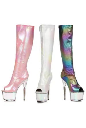 Ellie 709-BRANDY 7" Iridescent Knee High Boot With Rainbow Tinted Platform