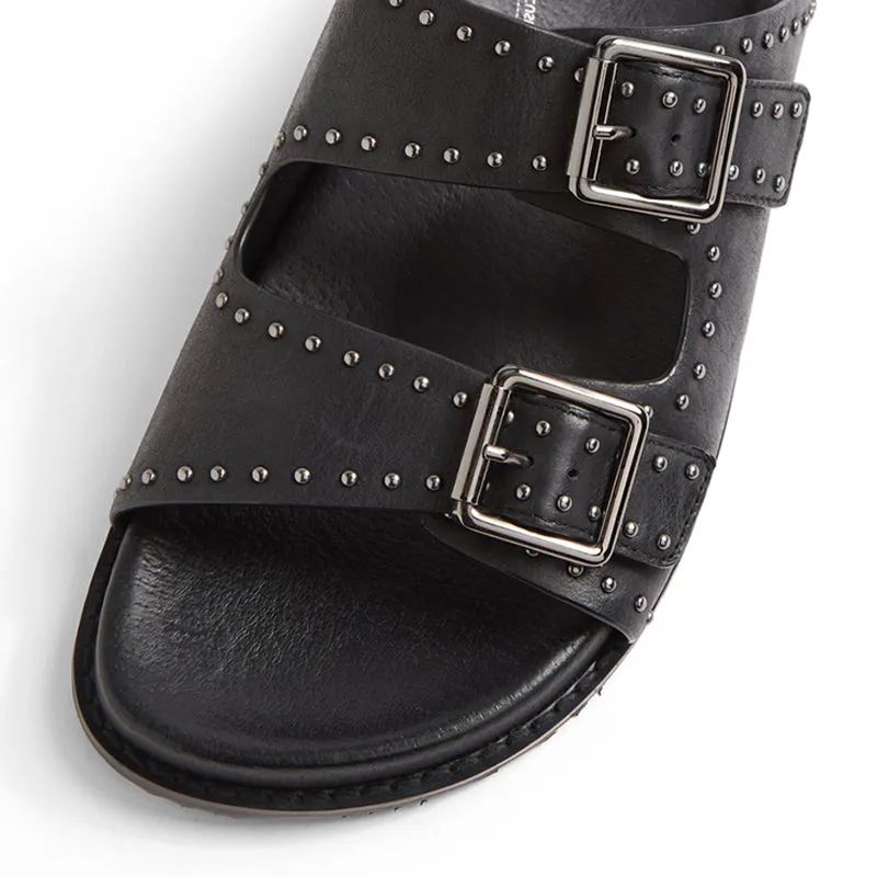 HAVRO W - BLACK LEATHER GUNMETAL SANDALS