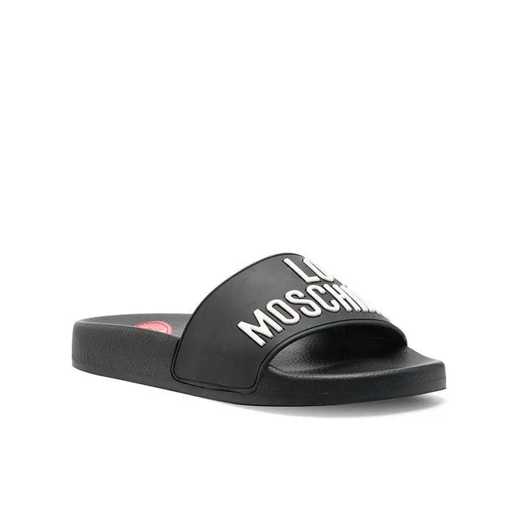LOVE MOSCHINO LOGO-EMBOSSED BLACK SLIDE