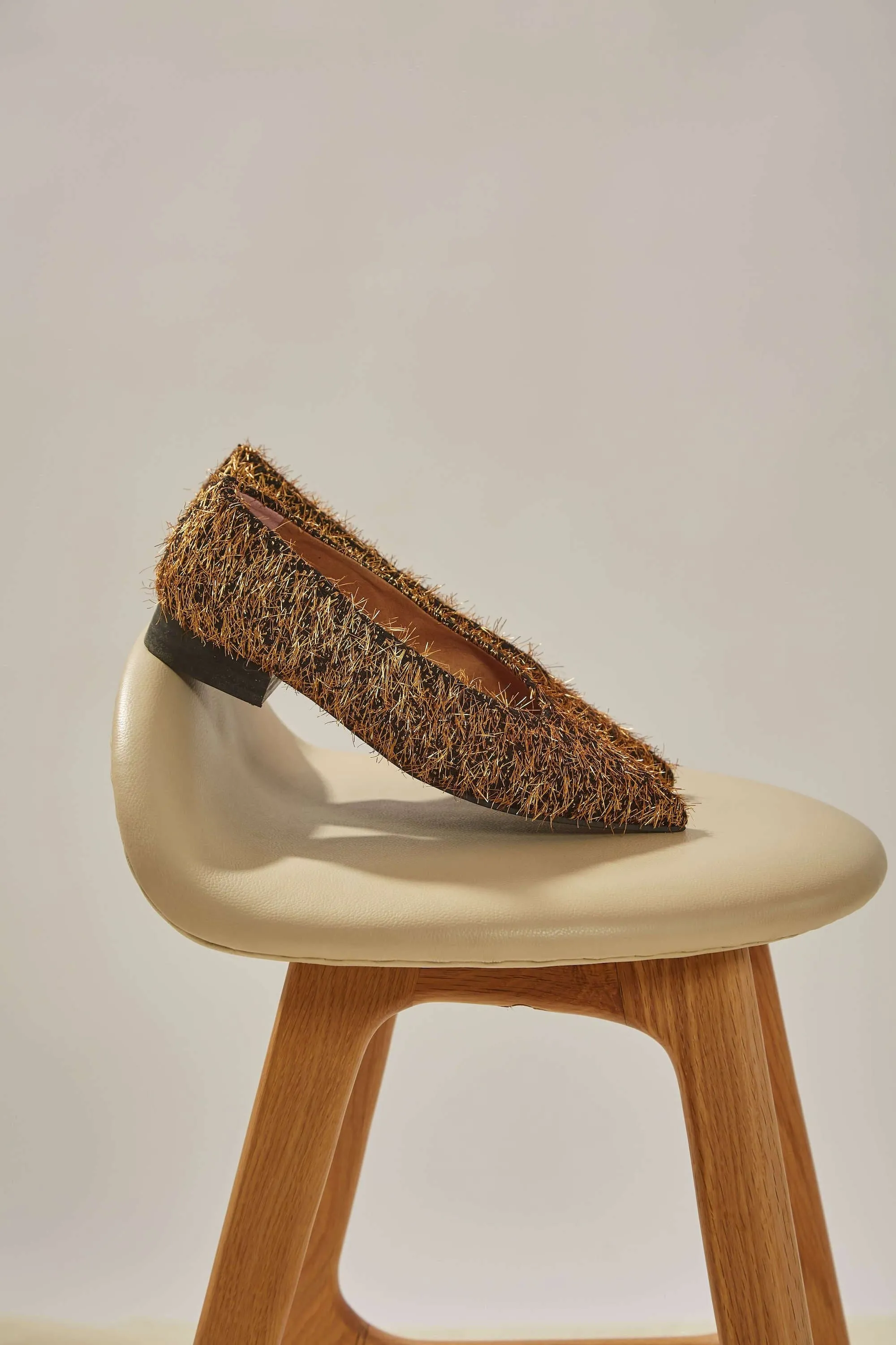 Metal Furry Vegan Ballerinas | Black & Gold