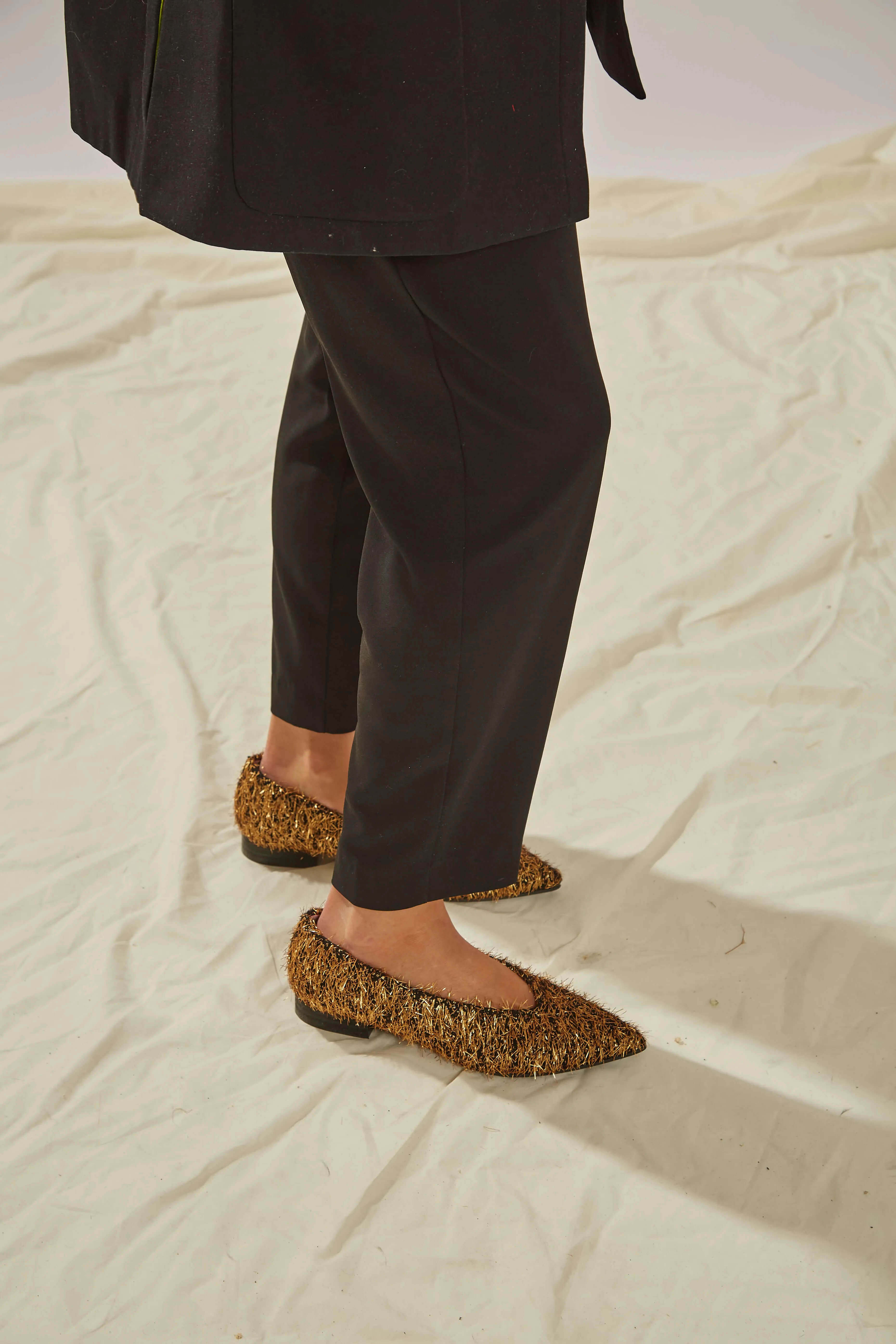 Metal Furry Vegan Ballerinas | Black & Gold