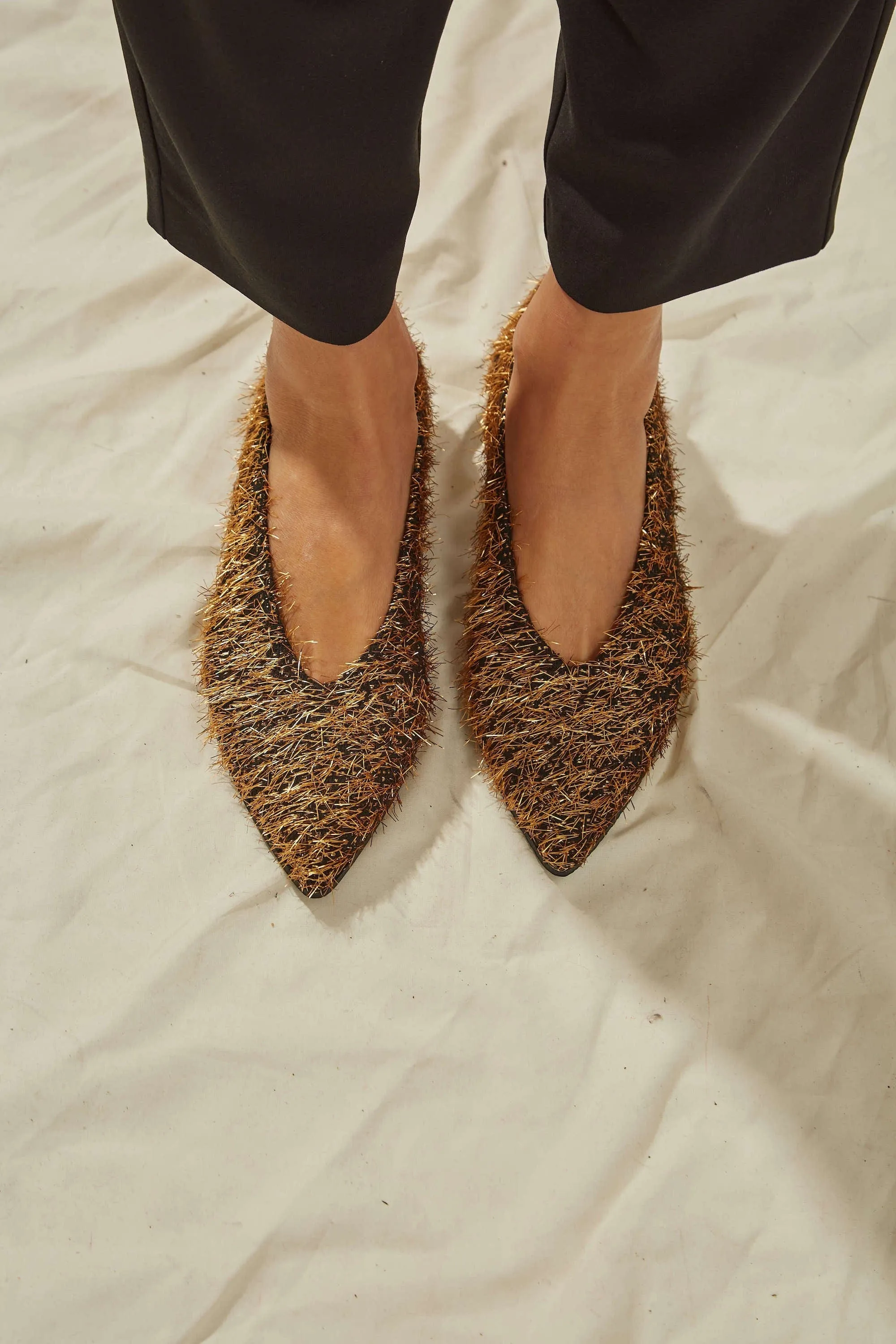 Metal Furry Vegan Ballerinas | Black & Gold
