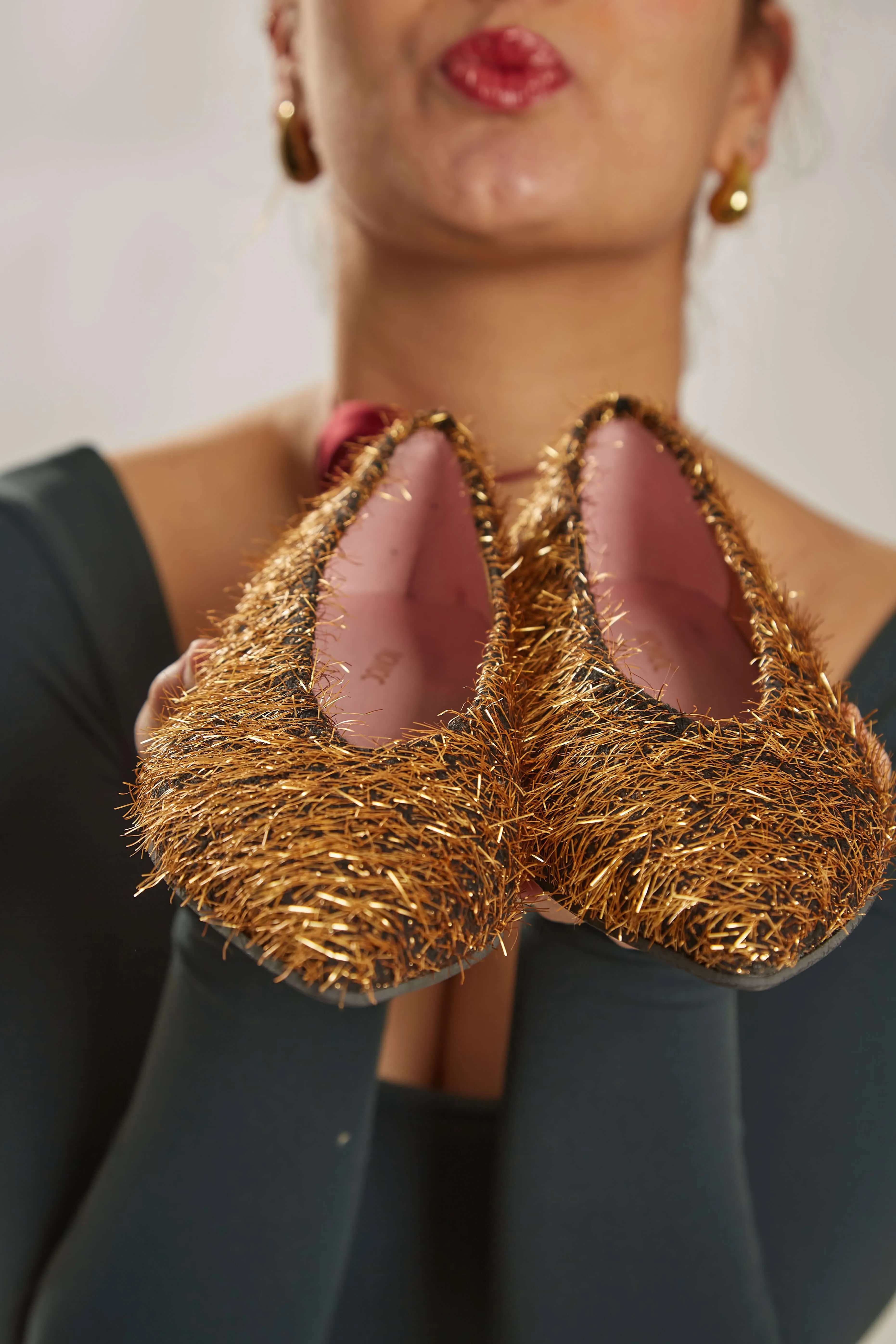 Metal Furry Vegan Ballerinas | Black & Gold