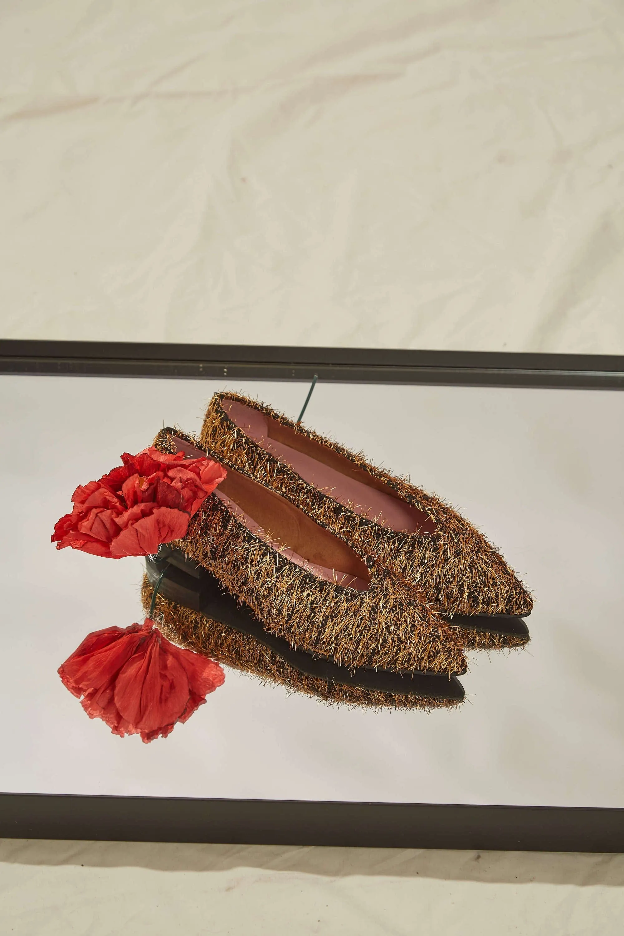 Metal Furry Vegan Ballerinas | Black & Gold