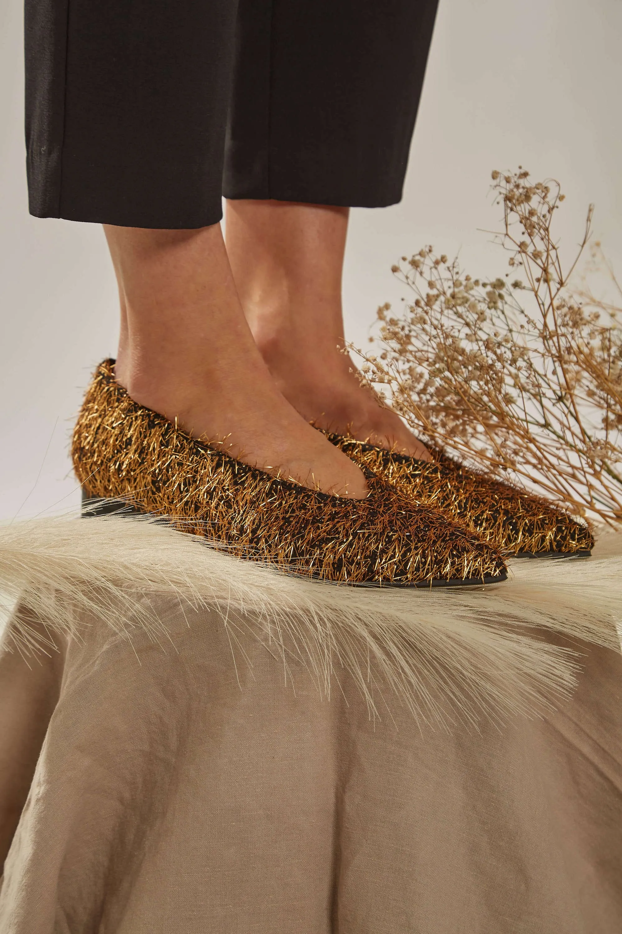 Metal Furry Vegan Ballerinas | Black & Gold