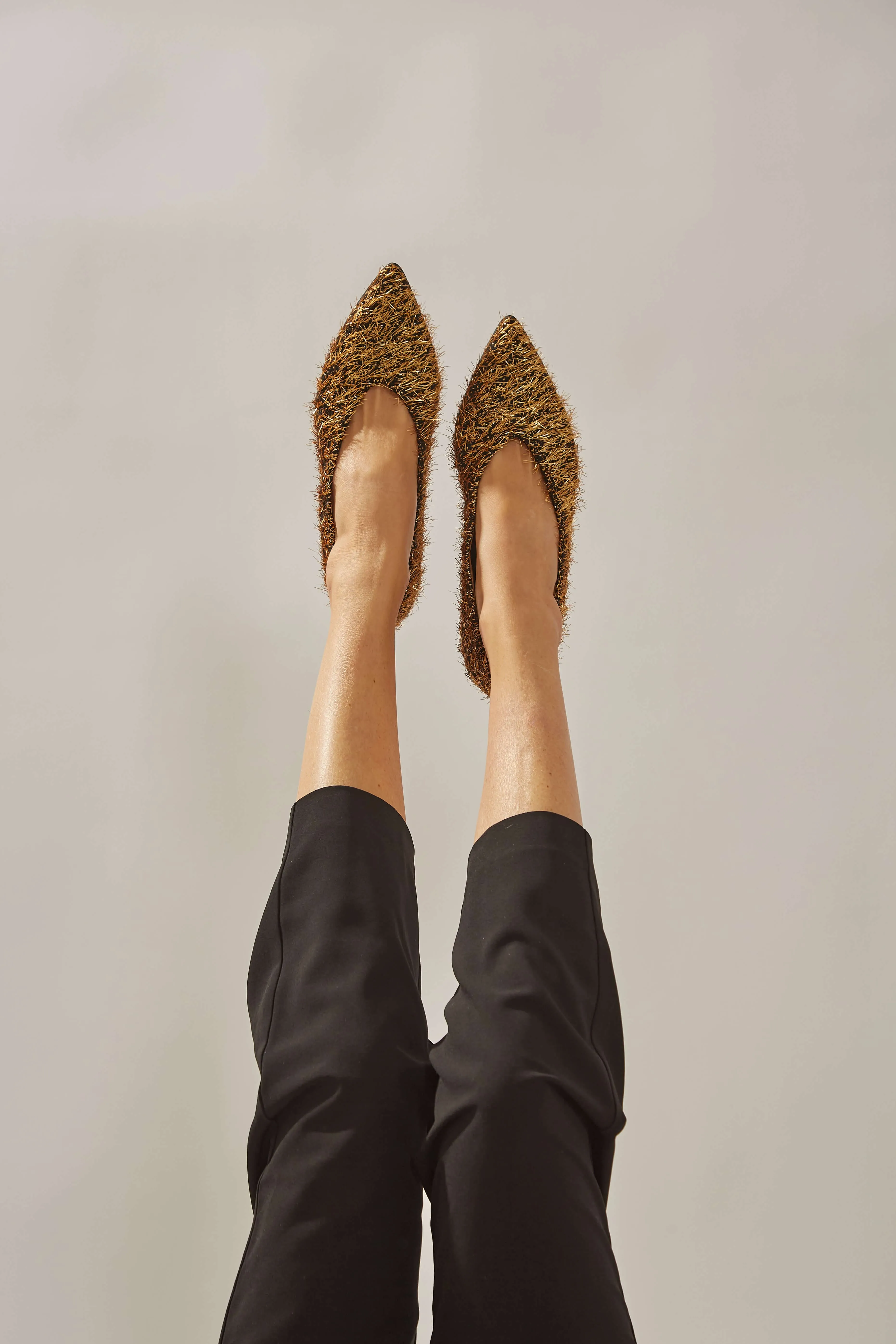 Metal Furry Vegan Ballerinas | Black & Gold