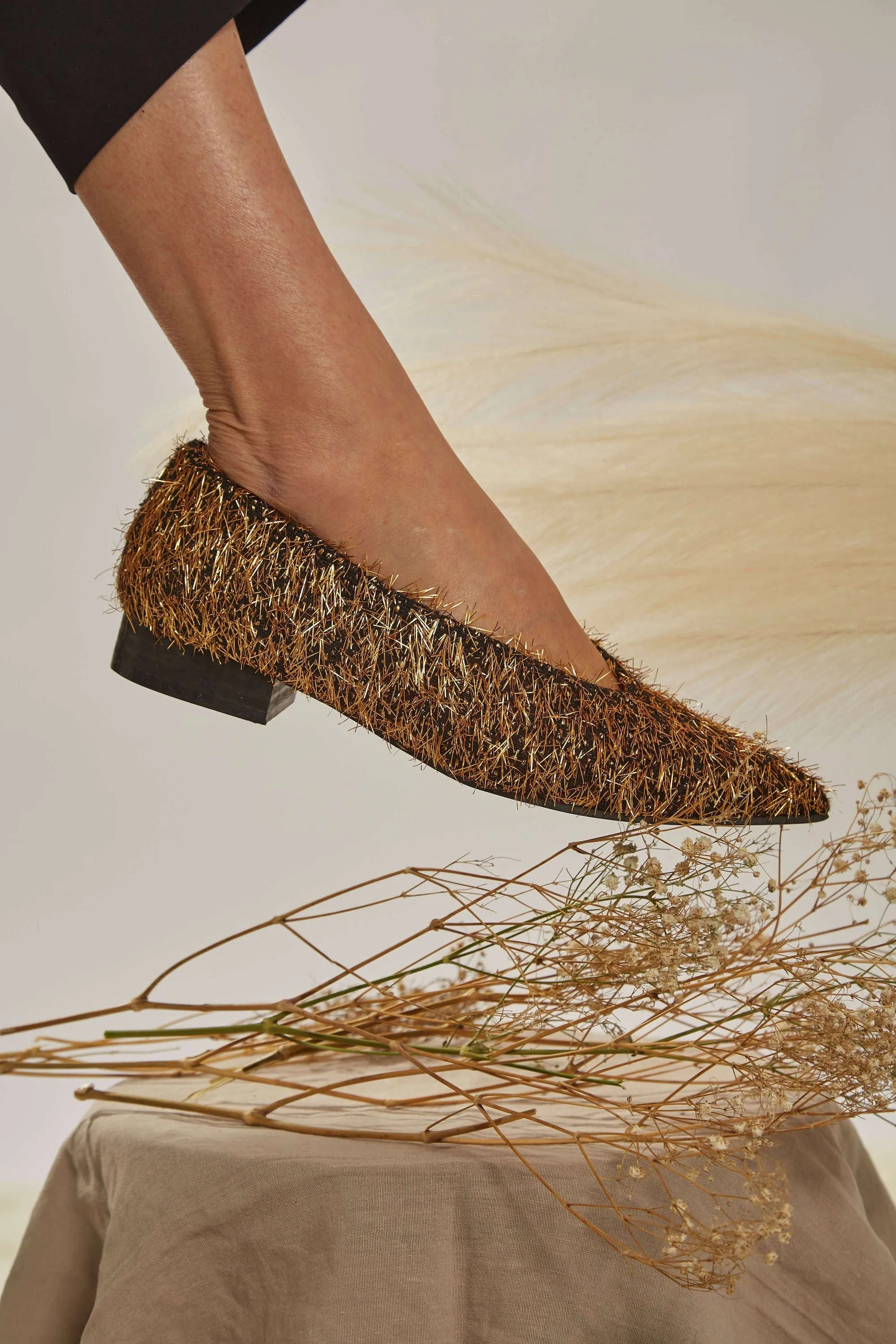 Metal Furry Vegan Ballerinas | Black & Gold