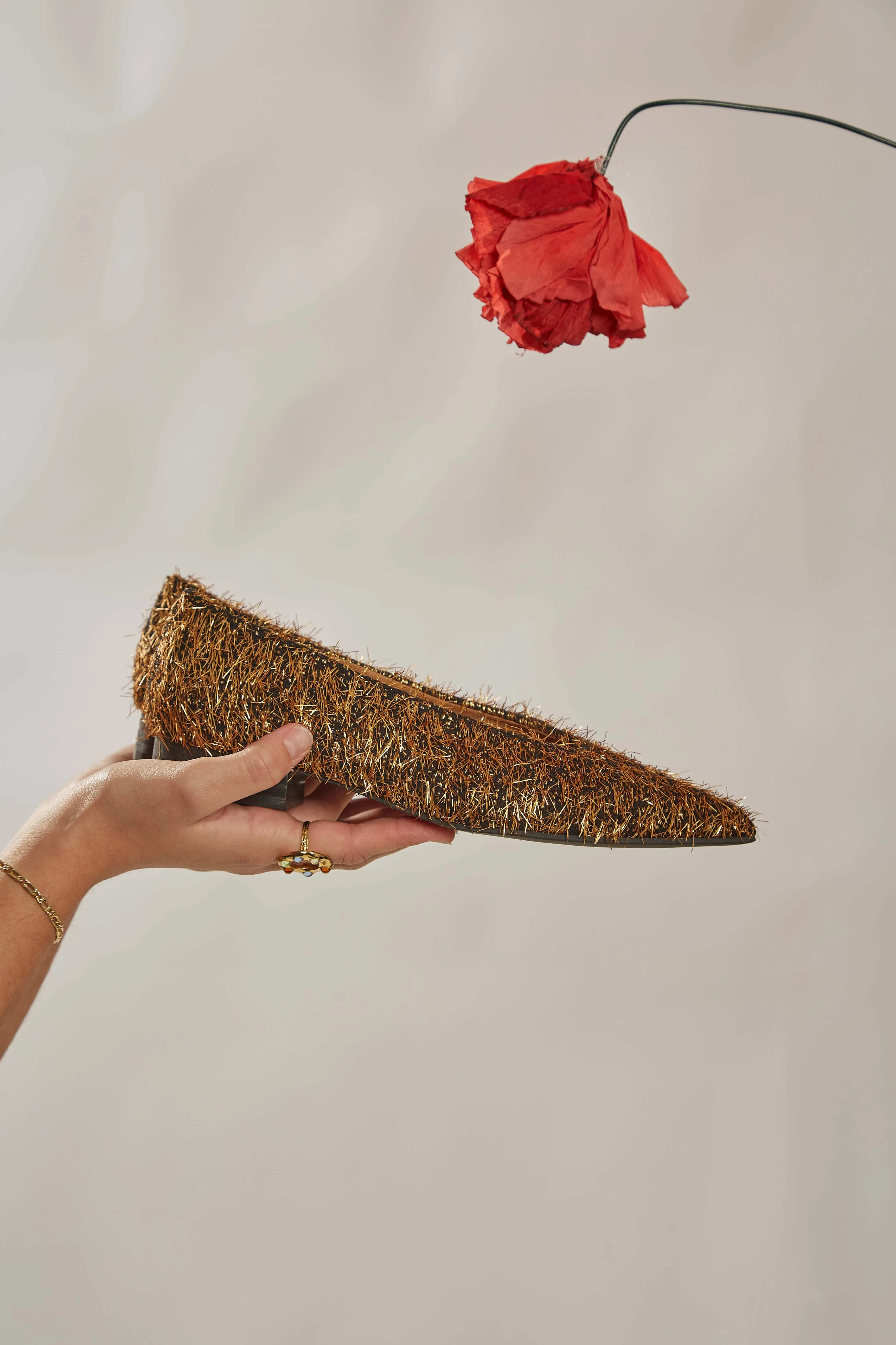 Metal Furry Vegan Ballerinas | Black & Gold