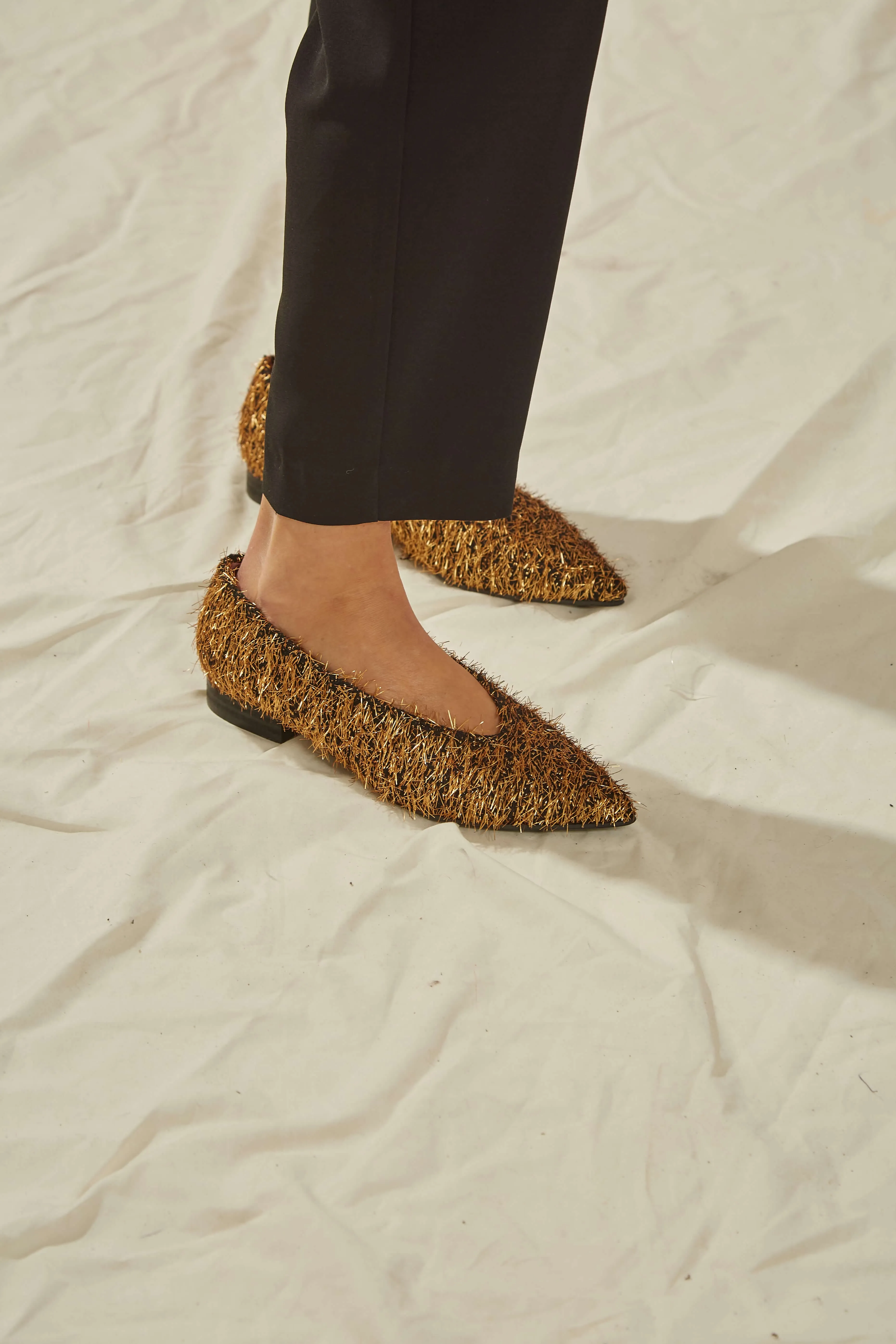 Metal Furry Vegan Ballerinas | Black & Gold