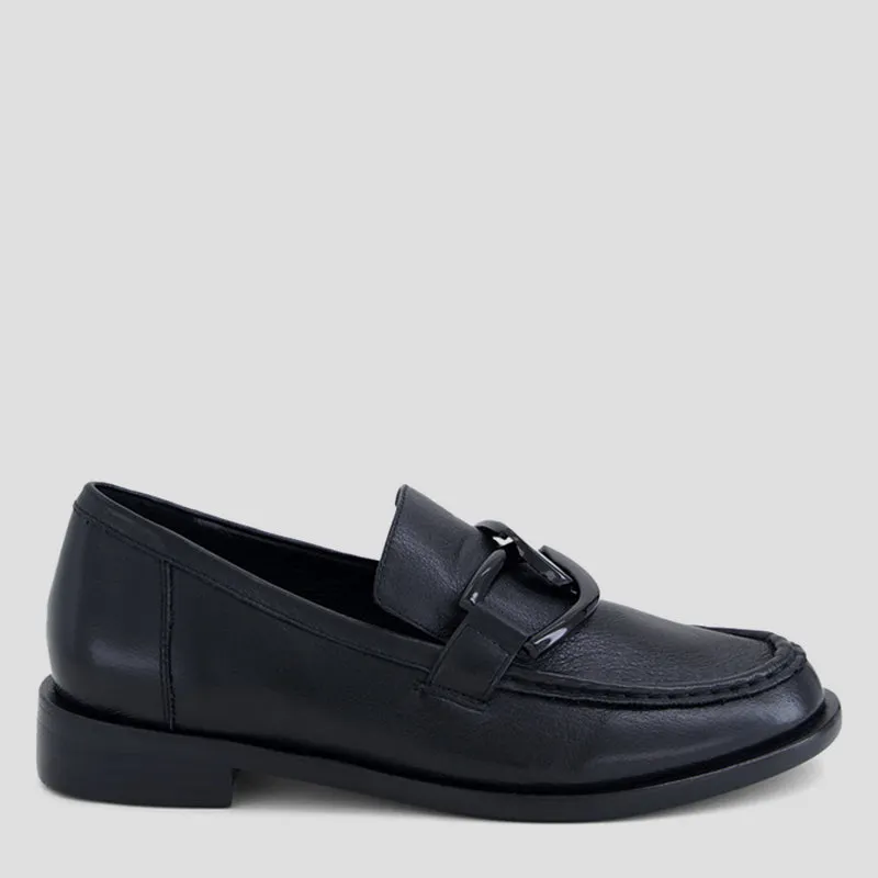 MOLYS XW - BLACK LEATHER BLACK HEEL LOAFER FLATS