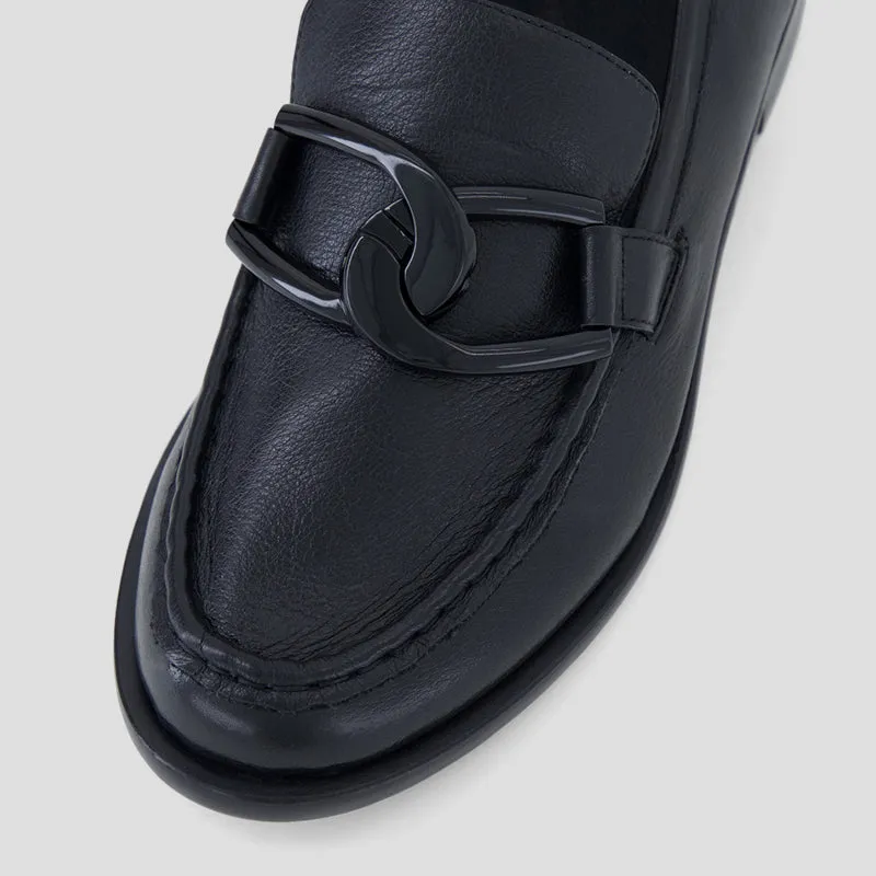 MOLYS XW - BLACK LEATHER BLACK HEEL LOAFER FLATS