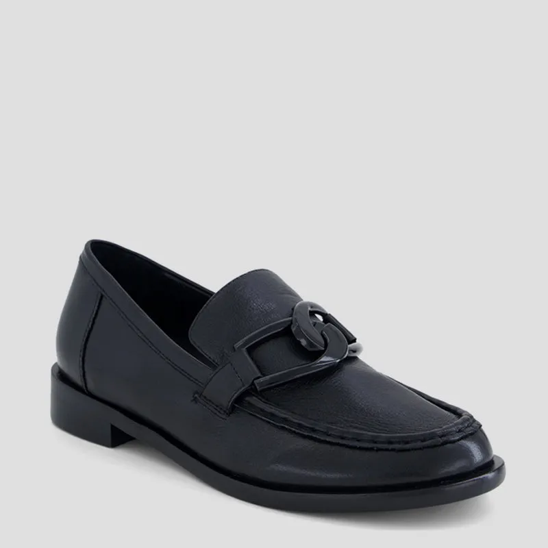MOLYS XW - BLACK LEATHER BLACK HEEL LOAFER FLATS