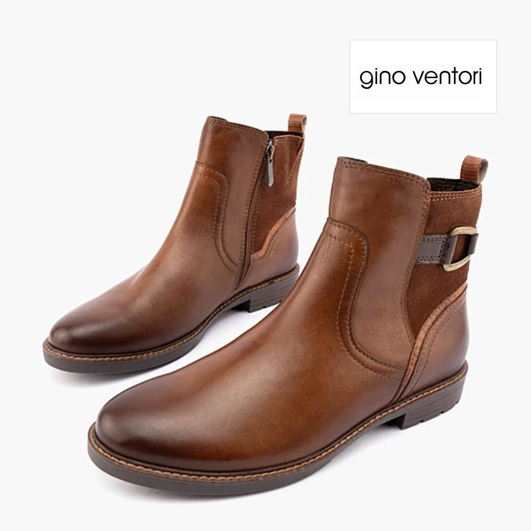 TEAGAN - COGNAC COMBO LEATHER ANKLE BOOTS